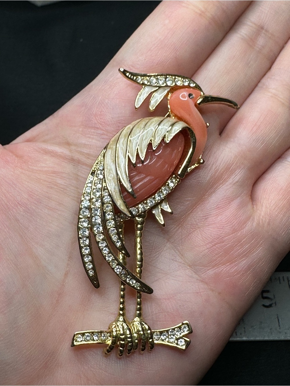 Gold-Tone Coral and Cream Enamel Bird Brooch with Crystal Accents